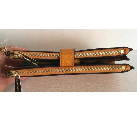 S Michael Kors Jet Set Travel Double-Zip Wristlet Marigold Leather Yellow NWT - Picture 7 of 10